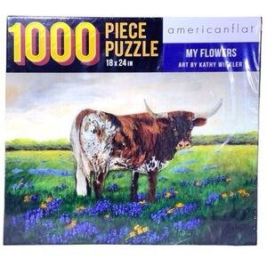 🆕 Americanflat 1000 Piece MY FLOWERS Cow Jigsaw Puzzle 18x24 by Kathy Winkler
